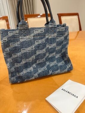 Balenciaga Denim Jacquard Mini Tote in Blue and White